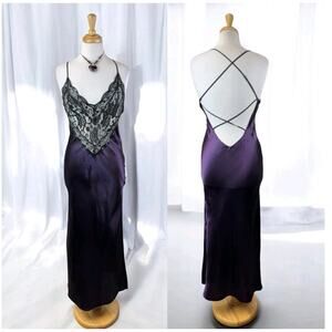 Dreamgirl Purple Satin Lace Slip Dress Large Open Back Strappy Y2K Maxi Fairy